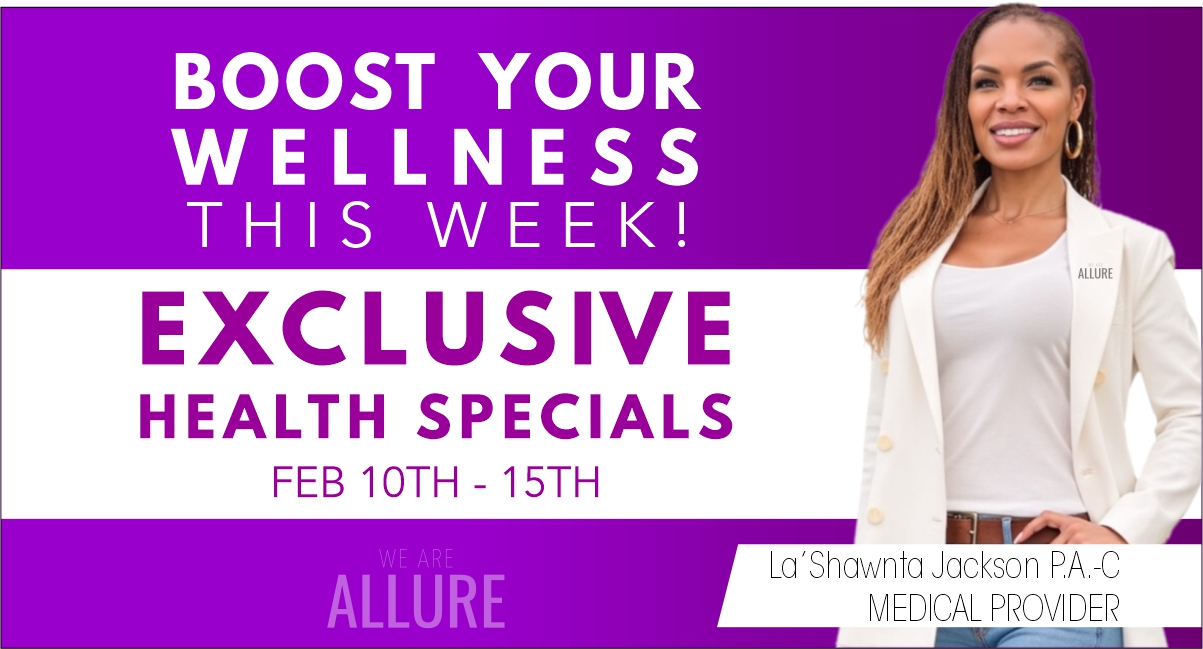 Flyer for Allure Medical Weight Control and Wellness featuring exclusive February wellness deals on B12, weight loss, and body sculpting.