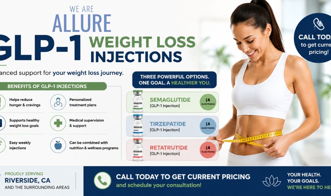 GLP-1 weight loss injections including Semaglutide, Tirzepatide, and Retatrutide offered at Allure Medical Weight Control & Wellness.