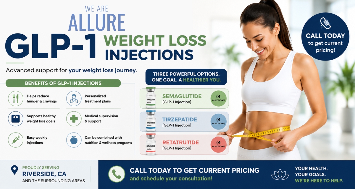 GLP-1 weight loss injections including Semaglutide, Tirzepatide, and Retatrutide offered at Allure Medical Weight Control & Wellness.