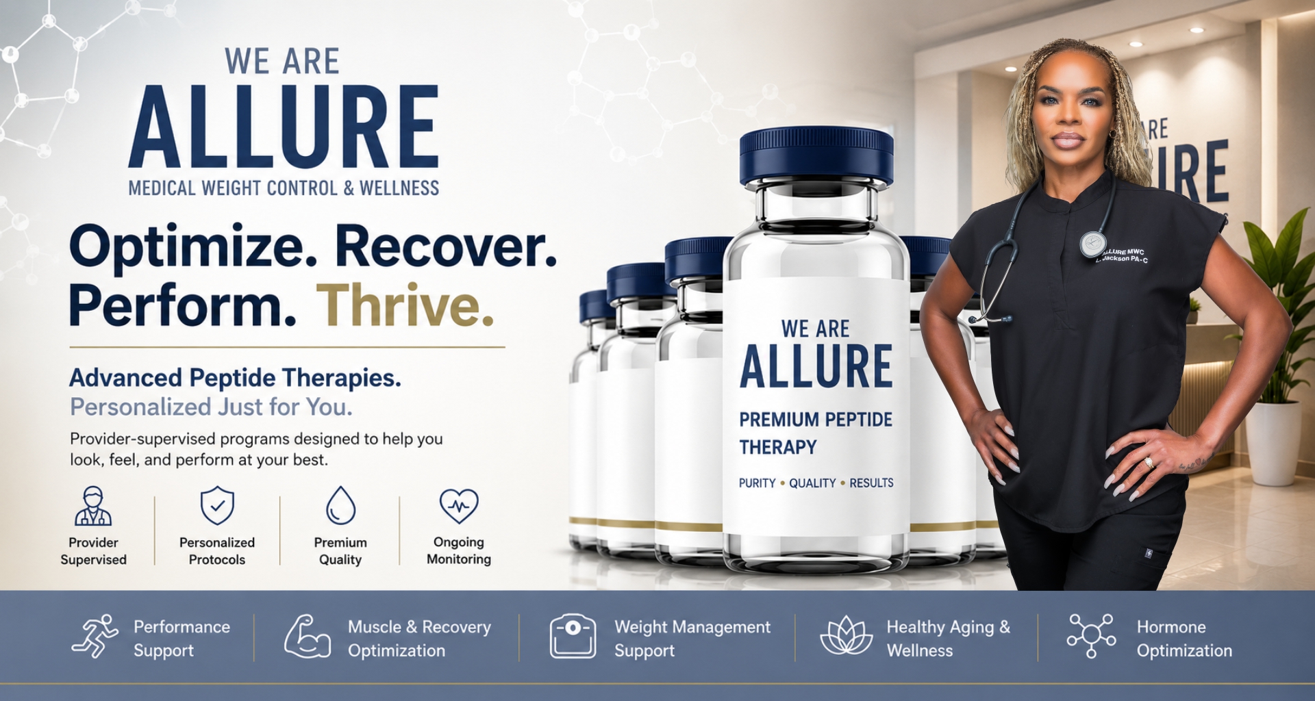 Premium peptide therapy at Allure Medical Weight Control & Wellness featuring personalized wellness treatments, peptide vials, and recovery support in Riverside, CA.