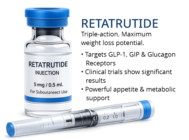 Retatrutide injection vial and syringe representing next-generation GLP-1 weight loss therapy at Allure Medical in Riverside, CA.