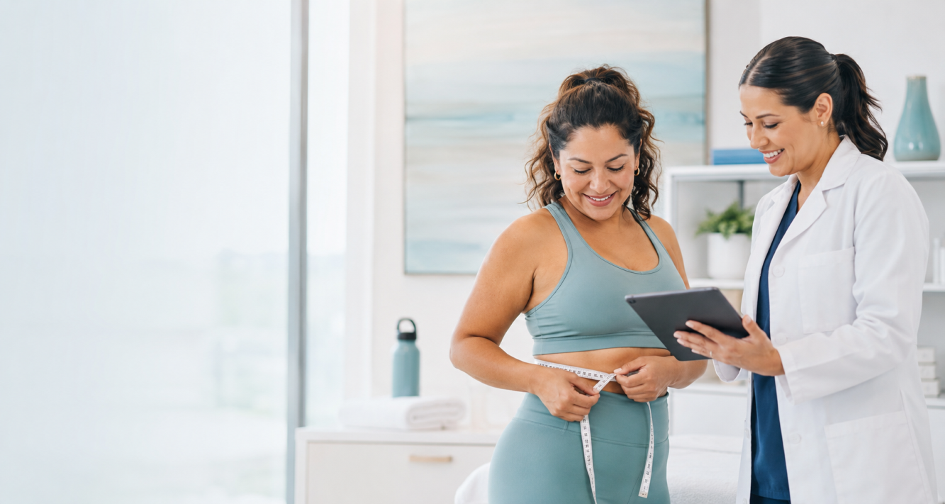 Semaglutide patient measuring her waist while reviewing her weight-loss progress with a medical provider.