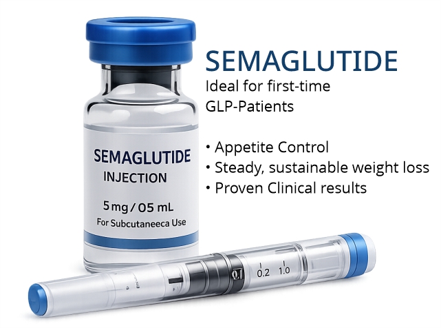 Semaglutide injection vial and syringe used in a physician-supervised GLP-1 weight loss program at Allure Medical in Riverside, CA.