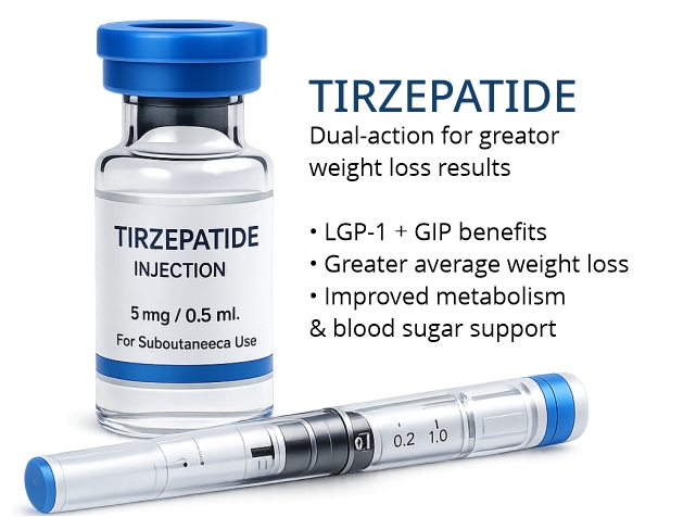 Tirzepatide injection vial and syringe for physician-supervised medical weight loss treatment in Riverside, CA.