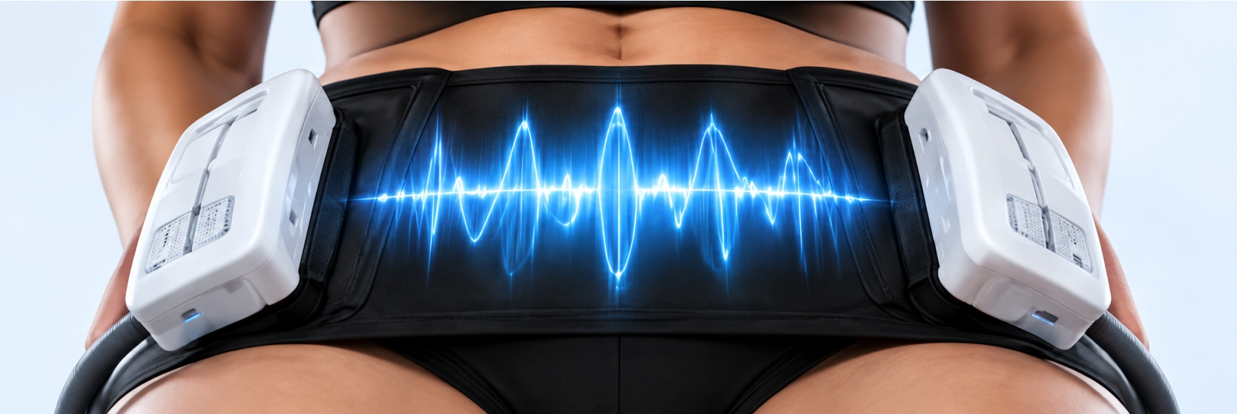 Evolve Tone electrical muscle stimulation applicators on the abdomen at Allure Medical in Riverside, CA