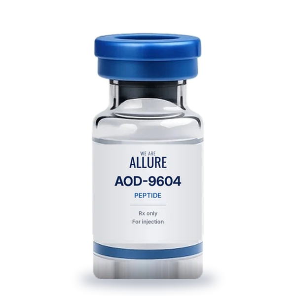 AOD-9604 vial with the We Are Allure logo for peptide therapy at Allure Medical in Riverside, CA