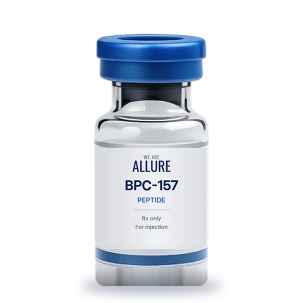 BPC-157 vial with the We Are Allure logo for peptide therapy at Allure Medical in Riverside, CA