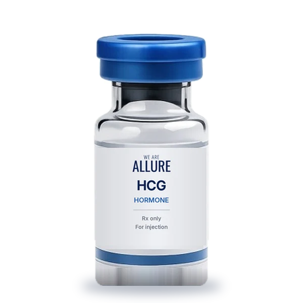 HCG injection vial with the We Are Allure logo for men's hormone support in Riverside, CA