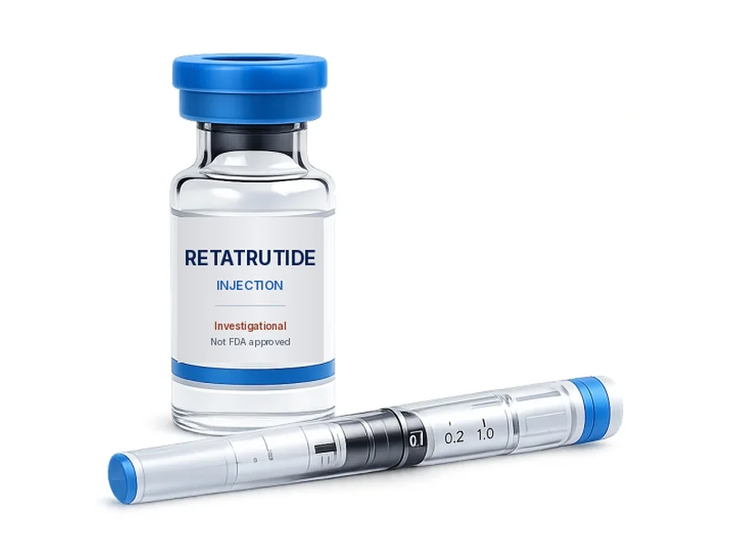Retatrutide investigational medication vial with the We Are Allure logo at Allure Medical in Riverside, CA