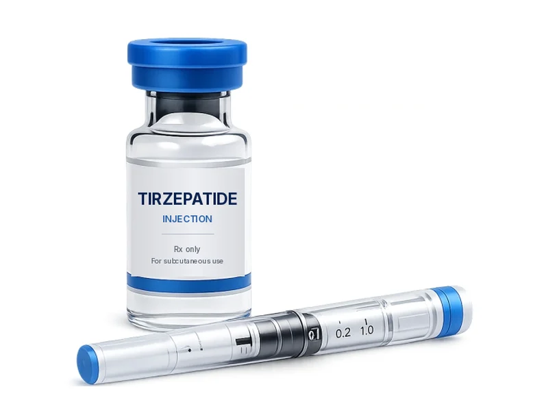Tirzepatide vial with the We Are Allure logo for men's medical weight loss in Riverside, CA